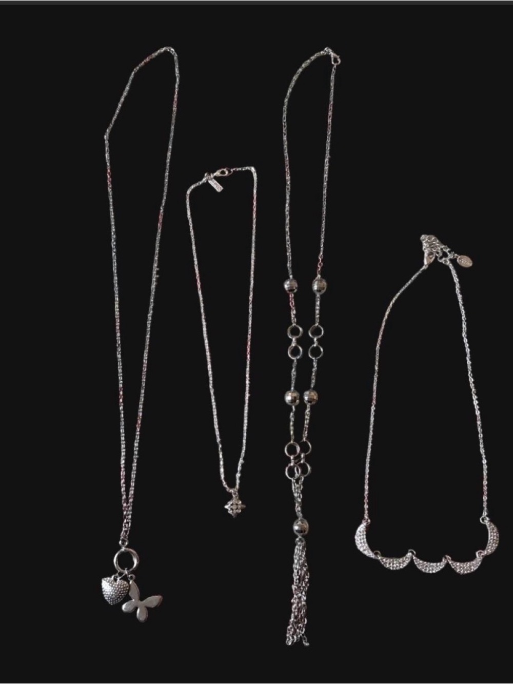 4 Silver-Tone Women's Necklace Set - Heart, Tassel & Scallop Designs